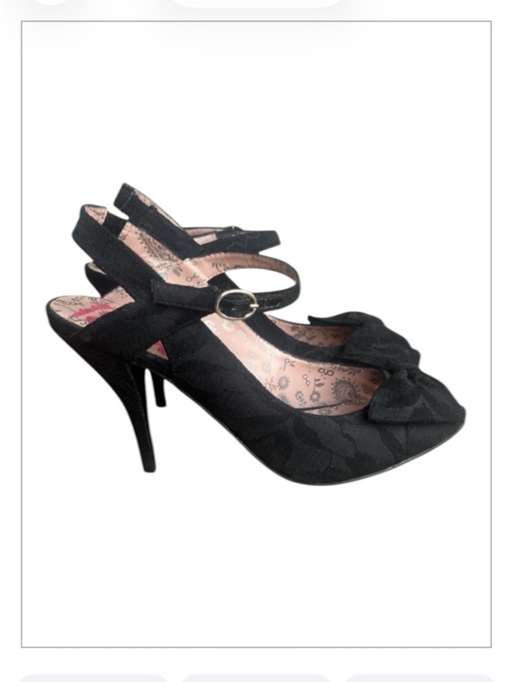 BETSEYVILLE by Betsey Johnson Black Lace Peep Toe Bow Heels Shoes Size 8.5
